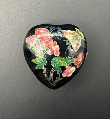 Heart Trinket Box Cloisonne Enamel Floral Butterfly Hinged Jewelry Keepsake - Image 1 of 4