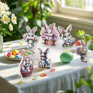 6Pcs Rustic Spring Easter Decorations Wooden Bunny Rabbit Desk Decor Pink - Picture 1 of 7