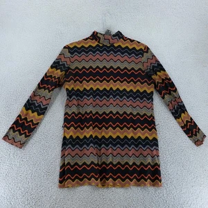 Vintage 70s Burlap & Silk Knit Mini Dress Womens M Chevron Zigzag Mod Mock Neck - Picture 1 of 8