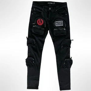 Locked & Loaded Jeans Mens 32 Skinny Multi Pockets Zippers Embroidery Black - Picture 1 of 8