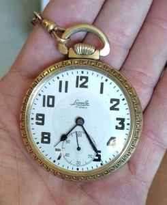 LONVILLE SWISS POCKET WATCH 17j, Etching, Chain, Faub, Runs (G.F. case) 10k G.F. - Picture 1 of 6