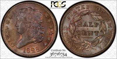 1828 1/2c 13 Stars PCGS MS64BN Classic Head Half Cent Choice Copper - Image 1 of 3