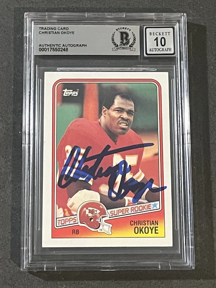 CHRISTIAN OKOYE 1988 TOPPS ROOKIE SIGNED AUTOGRAPHED CARD CHIEFS BAS GEM MINT 10 - Image 1 of 2