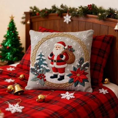 Festives Embroidered Linen Pillow Case Holiday Homes Accent With Invisible - Image 1 of 4