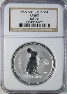1999 Australia Lunar Year of the Rabbit 1oz .999 Silver $1 Coin NGC MS70 - Picture 1 of 4