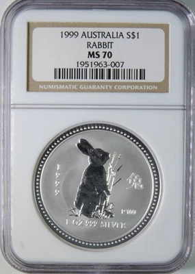 1999 Australia Lunar Year of the Rabbit 1oz .999 Silver $1 Coin NGC MS70 - Image 1 of 4
