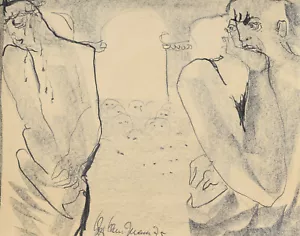 Sconosciuto firmato illeggibilmente/disegno a gesso 1975 Gesù con Ponzio Pilato - Foto 1 di 17