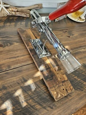 Rustic Wall Mounted Corkscrew Wine Bottle Opener Chrome on salvaged wine barrel - Image 1 of 4