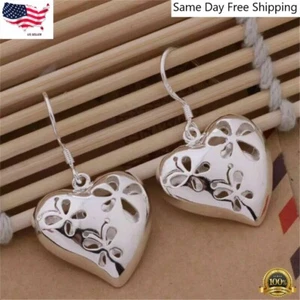 Women’s Silver Plated Heart Filigree Hook Earrings US Seller - Picture 1 of 9