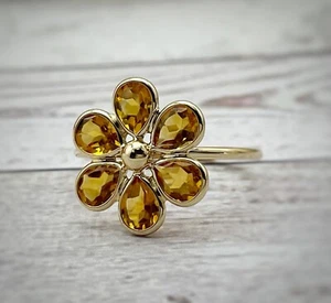 6 Blütenblätter Citrin Ring in massiv 18kt Gelbgold jede Größe zarte Danity Blume - Bild 1 von 10