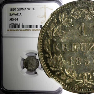 German States BAVARIA Silver 1850 1 Kreuzer NGC MS64 Toning KM# 799 (11) - Picture 1 of 5