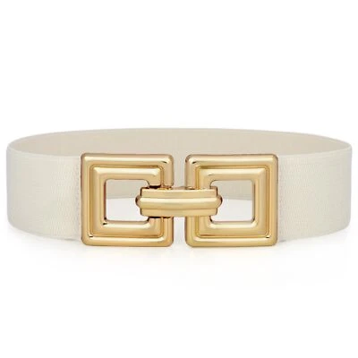 Women Wide Elastic Waist Belt Fashion Hollow Out Square Gold Buckle Stretchy ... - Image 1 of 4