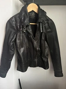 All Saints Belvedere Leather Jacket Women Black US 6 Fitted High Neck Moto Biker - Picture 1 of 6