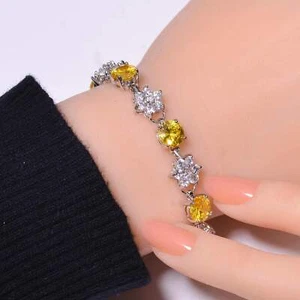 Yellow Sapphire & CZ Simulated 925 Sterling Silver Tennis Bracelet 7.99" B94 - Imagen 1 de 4