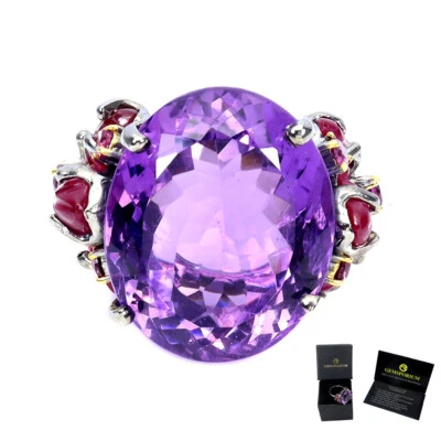 925纯银戒指椭圆形紫水晶45克拉红宝石叶雕刻宝石手工制作 — 第 1/4 张图片