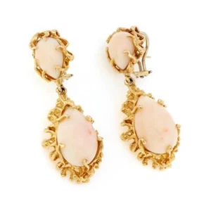 Estate Angel Skin Coral 14k Yellow Gold Drop Dangle Earrings - Picture 1 of 4