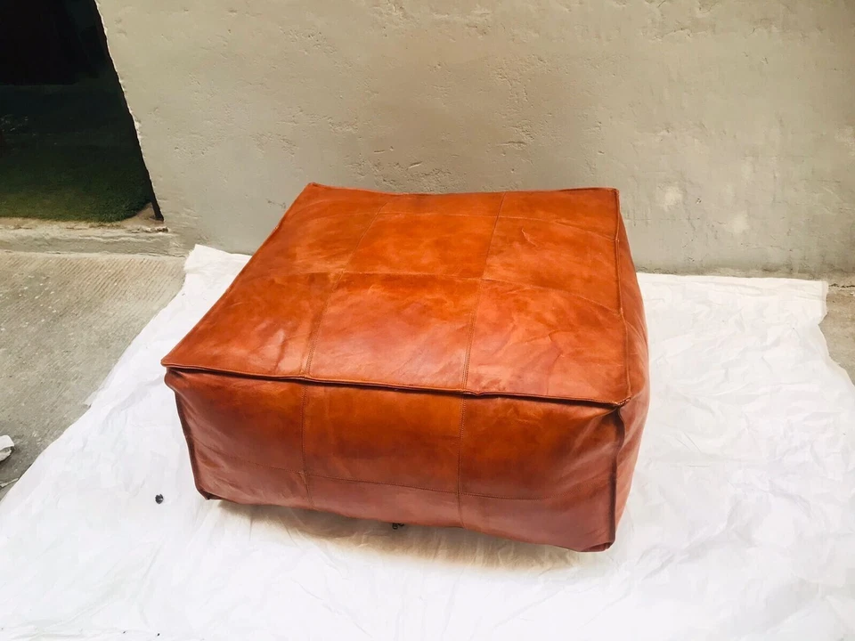 New Handmade Square Vintage Natural Unstuffed 30'' Pouffe Moroccan Leather - Image 1 of 4