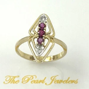 14k Solid Yellow Gold Genuine Diamonds, Round Natural Red Ruby Cocktail Ring - Picture 1 of 11