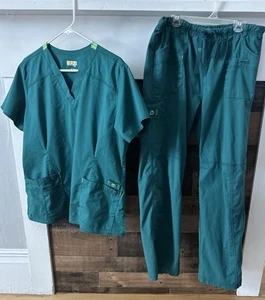 Wonder Flex XL Women's Nurses Scrubs Green W/ Lime Accents Top & Bottom - Picture 1 of 22