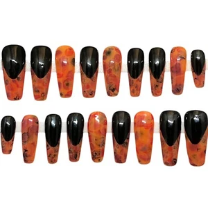 Handmade Custom UV Gel Press On Nails Long Coffin Frenchie Nails Abstract Black - Picture 1 of 10