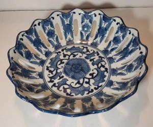 Cobalt Blue &White Berry Fruit Bowl  Cut Outs Floral Chinoiserie 10" Round - Picture 1 of 16