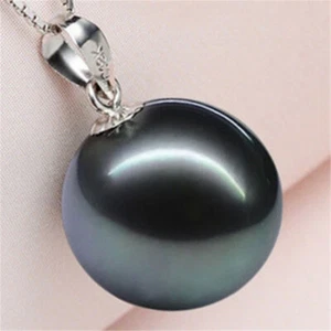 Collar colgante de plata con perla negra natural de 14 mm regalo - Imagen 1 de 1