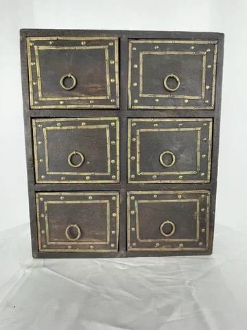 Antique Wood + Brass Spice Cabinet Apothecary Medicine 6 Drawer Jewelry Box Cover