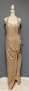 Mac Duggal Sz 6 Rose Gold Sequined Halter Strap Side Slit Evening Gown - Picture 1 of 8