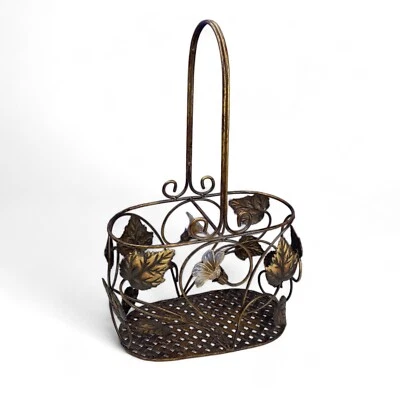 Decorative Wire Basket Leaves & Flowers 8 1/2" x 4" x 6" Deep Weave Bottom Metal - Image 1 of 4