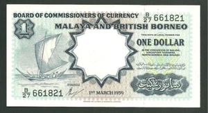 Malaya & British Borneo 1 Dollar 1959 P #8A World Banknote Currency Paper Money - Picture 1 of 2