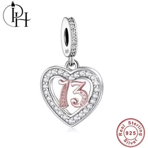13th Birthday Charm Genuine Thirteen Sterling Silver & Rose Gold Daughter Dangle - Picture 1 of 5