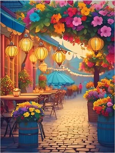 Fliesen Wandbild Vintage Straßenszene mit Blumen Laternen Küche Wandrückwand - Bild 1 von 14