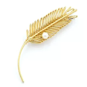 Vintage Gold Plated Pearl Feather Brooch - Picture 1 of 3