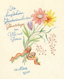 Tarjeta de felicitación cumpleaños ramo de flores 1930 - Imagen 1 de 2