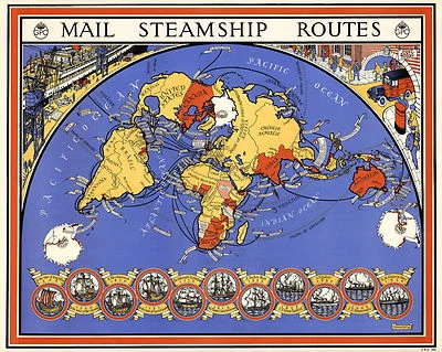World Map Mail Steamship Routes Postal Maritime History Home School Old Vintage
