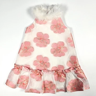 Janie and Jack Dress Girls Size 3 Special Occasion Faux Fur Floral Organza Pink - Image 1 of 4