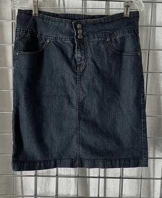 EARL JEAN BLUE Stretch Denim Skirt Sz 7 • Dark Blue Wide Waistband • Knee Length - Image 1 of 4