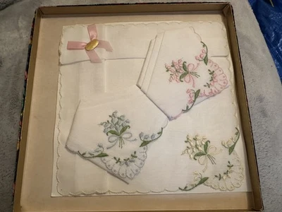 3 Embroidered Ladies Handkerchiefs Flowers & bows  Vintage Boxed Sets Swiss - Image 1 of 4