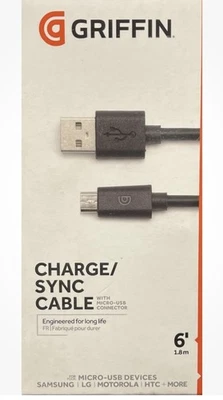 Cable de carga y sincronización Griffin de 6 pies para dispositivos micro-USB - negro Samsung, LG, Moto Foto 1 de 2
