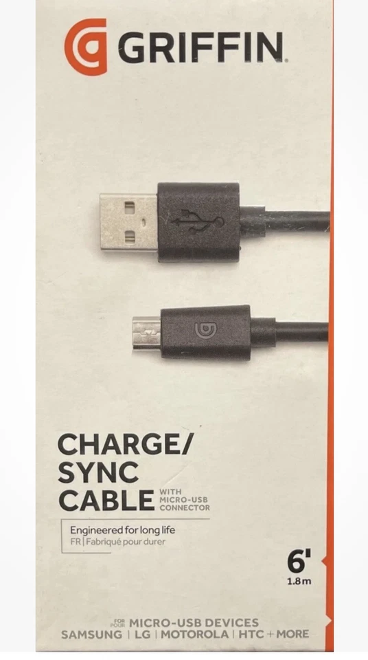 Cable de carga y sincronización Griffin de 6 pies para dispositivos micro-USB - negro Samsung, LG, Moto Foto 1 de 2