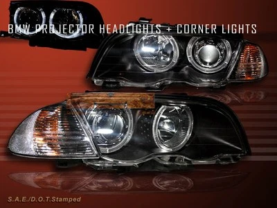 BMW E46 1999-2001 SERIE 3 FAROS DOBLES HALO + LUCES DE ESQUINA NEGRO ÁMBAR 4 PUERTAS Foto 1 de 2