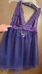 Victoria's Secret Neckholder Babypuppe Nachthemd transparent blau mit magentafarbener Spitze Größe S - Bild 1 von 13