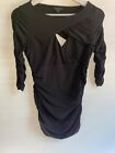 Guess Womens Keyhole Ruched Gathered Stretch Mid Sleeve Black Top Size Small