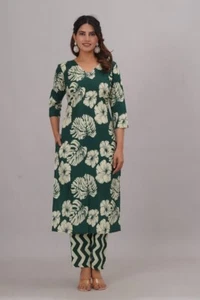 Women pure cotton printed long kurti pant set dresses for women suits kurta set - Picture 1 of 9