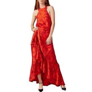 J Crew Collection Dress WMNS 8 Red Floral Cupro Blend Halter Ruffle Open Back - Picture 1 of 13