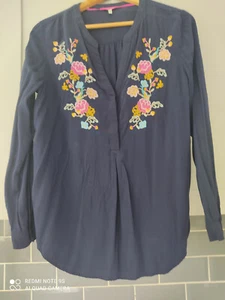 Joules attractive size12 navy viscose pullover blouse with floral embroidery - Picture 1 of 4