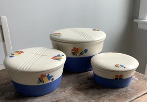 3 vintage universal potteries art deco refrigerator Bowls with lids Floral Blue - Picture 1 of 9