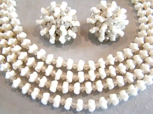 Vintage Germany White Glass Bead Rhinestone 4 Strand Necklace Clip Earring Set - Picture 1 of 6