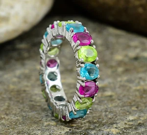 Multi Gemstone Band 925 Sterling Silver Band Full Eternity Band For Women Dainty - Picture 1 of 4