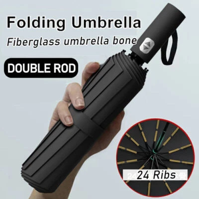 24 Rods Sun Umbrella Extra Strength Foldable Fully Automatic Large UV Protect UK